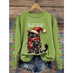 Christmas Women's Animals Cat Pullover Sweatshirt Graphic Cat Casual Long Sleeve Crew Neck Round Neck Regular Tops Street Dailywear Casual Black Red Green Fall