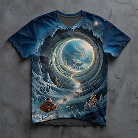 Christmas Portal Santa Optical Illusion 3D T Shirt for Men, Funny Holiday Outfit with Snow Tunnel Design, Fantasy Xmas Party Top