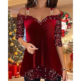 Christmas Women's Velvet Shirt Solid Color Graphic Elegant Vintage Party Long Sleeve Off Shoulder Long Tops Wedding Guest Party Evening Wear Party Sequins Prin