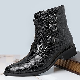 Men's Black Biker Boots, Multi-Buckle Side-Zip Ankle Boots with Pointed Toe and Block Heel for Edgy Men, Motorcycle Riding, Concerts, Parties and Streetwear