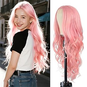 Pink Wig for Women 26 Inch Long Wavy Synthetic Wig with Middle Part Natural Looking Heat Resistant Hair Wig for Daily Wear Cosplay Party Halloween
