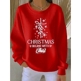 Christmas Women's Pullover Graphic Letter Warm Classic Casual Long Sleeve Crew Neck Round Neck Regular Tops Home Street Dailywear Print Black White Red Green F