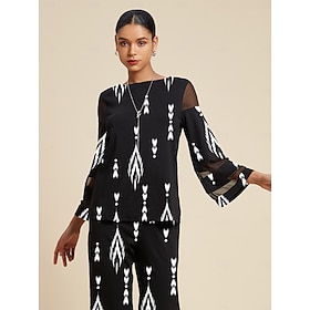 Women's Blouse Black Geometric Print Round Neck 3/4 Sleeve Elegant Casual Spring Fall Vacation Essential: retailer-supplied image