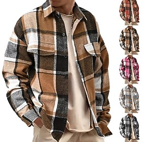 Men's Shirt Flannel Shirt Button Up Shirt Overshirt Yellow Pink Orange Light Grey Dark Gray Long Sleeve Plaid Turndown Casual Daily Clothing Apparel Warm Fashi