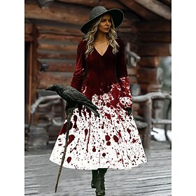 Halloween Women's Midi Dress A Line Dress Vacation Casual Boho Beach Regular Fit Graphic Abstract Long Sleeve V Neck White Dark Red Wine Brown Spring Fall Wint