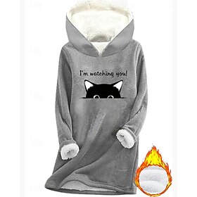 Women's Pullover Hoodie Sweatshirt Print Fleece Lined Graphic Cat Warm Casual Sherpa Fleece Long Sleeve Hooded Long Tops Casual Street Dailywear Blue Dark Pink