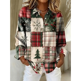 Christmas Women's Snowflake Christmas TreeShirt Blouse Graphic Geometric Plaid Vintage Casual Long Sleeve Shirt Collar  Tops Daily Patchwork Buttons Print Yell