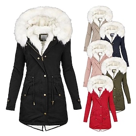 Women's Winter Coat Faux Fur Coat Hoodie Jacket Warm Comfortable Fur Trim Zipper Pocket Buttons Casual Plain Outdoor Vacation Daily Wear Going out Long Hooded