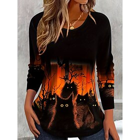 Halloween Women's Black Cat Spooky Forest Graphic T Shirt Glowing Eyes Bat Print Long Sleeve Crew Neck Casual Top Black Orange