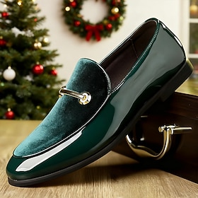 Green Faux Leather Men's Loafers with Gold Decorative Loops – Stylish and Comfortable Footwear for Christmas Parties and Formal Gatherings