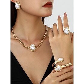 Women's Gold Pearl Jewelry Set for Party - Chunky Chain Necklace, Statement Earrings, Bracelet and Ring, Baroque Style Elegant Accessories for Evening Formal