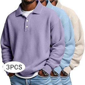 Men's Waffle Polo Shirts Textured Formal Business Classic Long Sleeve Fashion Solid Color Plain 3-Piece Multi-pack Fall Spring Fall All Seasons Loose Fit 1#