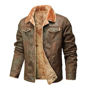 Men's Faux Leather Jacket Fleece Jacket Biker Jacket Motorcycle Jacket Vacation Daily Windproof Warm Pocket Fall Winter Plain Fashion Classic Lapel Regular Bla