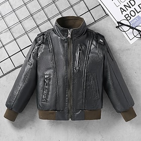 Kid's Boys' Black Leather Jacket Jacket Outerwear Plain Long Sleeve Zip Up Waterproof Windproof Coat Daily Fashion Casual Red Green Spring Fall 4-12 Years
