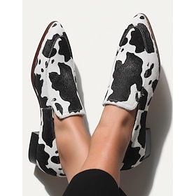 Women's Cowhide Pattern Faux Leather Loafers – Stylish Black White Slip-On Flats for Casual and Office Wear