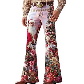 Christmas Men's Santa Claus Floral Print Flowers Disco Pants 60s 70s Bell Bottoms Mid Waist Vintage Retro Outdoor Holiday Side Pockets Flared Leg Pants Trouser