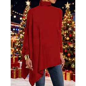 Women's T Shirt Plain Elegant Fashion Casual Long Sleeve Turtleneck Long Tops Daily Asymmetrical Black Red Blue Purple Green Fall Winter