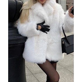Women's Faux Fur Coat Warm Comfortable Buttons Active Fashion Plain Outdoor Vacation Holiday Going out Long Turndown Regular Fit Long Sleeve Outerwear Black Wh