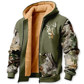 Men's Camo Camouflage Deer Fleece Hoodie Jacket Sweatshirt Classic Military Hunting Long Sleeve Crew Neck Outdoor Camping Black Brown Green Gray Zip Up Fall Wi