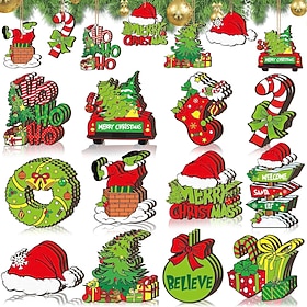 12pcs Christmas Wooden Green Monster Ornaments, Plush Wooden Elf Hanging Decorations, Cute Holiday Xmas Tree Decor and Party Home Decor