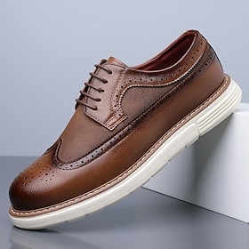Herresko i brunt skinn med snøring og brogue-mønster og kontrastsåle, vintage, uformelle oxfordsko til daglig bruk