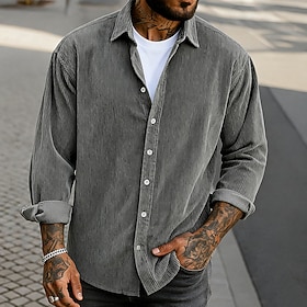Men's Shirt Casual Shirt Corduroy Shirt Button Up Shirt Black khaki Army Green Gray Long Sleeve Solid Color Turndown Casual Outdoor Warm Clothing Apparel Vinta