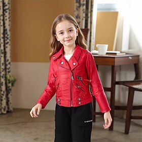 Kids Girls' Black Leather Jacket Jacket Solid Color Fashion Zipper Pocket Waterproof Windproof Outdoor Coat Outerwear 4-12 Years Fall Black Pink Red