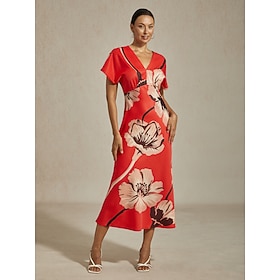 Damen Maxikleid Satin großer Blumendruck V-Ausschnitt geraffte Taille Meerjungfrauensaum elegant Ziel Hochzeit Gast…: retailer-supplied image