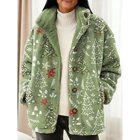 Christmas Women's Christmas Tree SnowflakeBlazer Warm Comfortable Buttons Vintage Classic Modern Formal Vacation Home Casual Stand Collar Loose Fit Long Slee