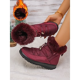 Women's Faux Fur Lined Waterproof Snow Boots - Lace-Up Winter Boots with Zipper and Adjustable Laces, Available in Multiple Colors