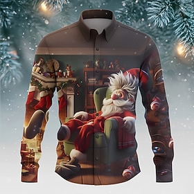 Christmas Men's Santa Claus funny christmas Shirt Button Up Shirt Long Sleeve Funny Christmas Gifts Holiday Spring Fall Turndown 3D Print Collared Shirts Blue