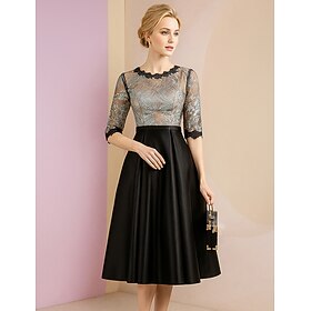 A-Line Tea Length Party Dress Cocktail Dress Wedding Guest Dress Mother of the Bride Dress 3/4 Length Sleeve Crew Neck Elegant Vintage Luxurious with Lace Plea