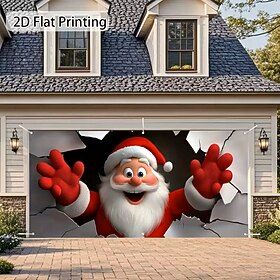 Christmas Garage Door Cover Santa Claus Breaking Through Wall Large Hanging Backdrop Outdoor Holiday Wall Banner Yard Home Festive 3D Party Decoration Seasonal