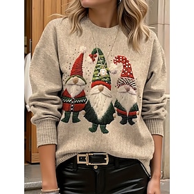 Christmas Women's Santa Claus Sweater Pullover Daily Casual Graphic Claus s Ribbed Crew Neck Knitted Print Long Sleeve Regular Tops Knit Outdoor Weekend Khaki