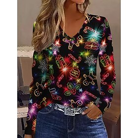 Christmas Women's T Shirt Graphic Vintage Stylish Classic Long Sleeve V Neck Regular Tops Daily Print Black Spring Fall Winter