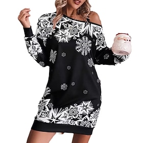 Women's Mini Dress Christmas Dress Modern Christmas Holiday Regular Fit Snowflake Long Sleeve Cold Shoulder Blue Black Red Green Fall Winter