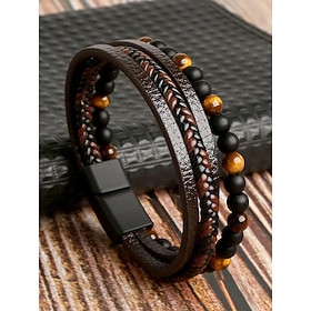 Men's Alloy Faux Leather Beaded Bracelet Set, Multi-Layer Braided Wristband with Magnetic Clasp, Fashion Punk Jewelry for Casual, Party Gift