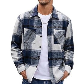 Men's Shirt Casual Shirt Flannel Shirt Button Up Shirt Red Long Sleeve Plaid Lapel Streetwear Vacation Pocket Clothing Apparel Cotton Fashion Casual Comfortabl