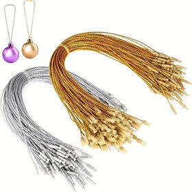200PCS Pre-Cut Christmas Ornament Hanging Strings – Metal Ribbon Straps with Snap Fasteners for Tree Decorations, Party Supplies, Gold and Silver Holiday Hangi