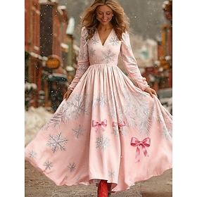 Christmas Women's Midi Dress A Line Dress Vacation Casual Party Daily Holiday Regular Fit Graphic Snowflake Long Sleeve V Neck Pink Blue Purple Fall Winter