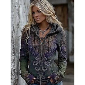 Women's Zip Up Hoodies Zipper Pocket Print Graphic Plaid Fashion Casual Long Sleeve Hooded Regular Tops Street Dailywear Orange Brown Green Spring Fall Winter