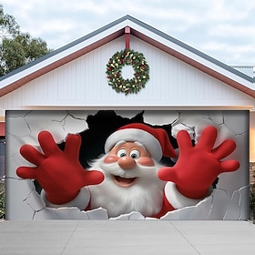 Christmas Garage Door Cover Santa Claus Breaking Through Wall Large Hanging Backdrop Outdoor Holiday Wall Banner Yard Home Festive 3D Party Decoration Seasonal