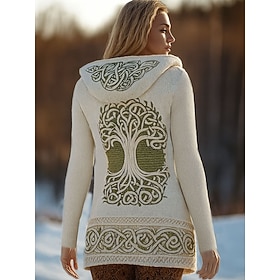 Women's Cardigan Daily Casual Floral Graphic Geometric Ribbed Hooded Patchwork Pocket Buttons Long Sleeve Regular Tops Knit Outdoor Weekend Beige Fall Winter
