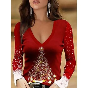 Christmas Women's Christmas Tree SnowflakeT Shirt Graphic Plaid Vintage Stylish Classic Long Sleeve V Neck Regular Tops Daily Print Black Red Spring Fall Winte