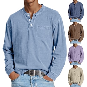 Men's Henley Shirt 100% Cotton Acid Wash Shirt T shirt Tee Long Sleeve Plain Vintage Retro Vintage Casual Vintage Style Garment Dyed Washed Henley Casual Sprin