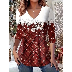 Christmas Women's Snowflake T Shirt Graphic Plaid Vintage Stylish Classic Long Sleeve V Neck Regular Tops Daily Print Wine Red Purple Spring Fall Winter