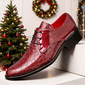 Red Faux Leather Men's Dress Shoes with Crocodile Print – Elegant and Bold Christmas Party Shoes for Fashionable Men