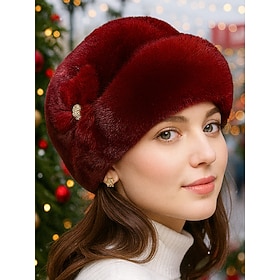 Women's Faux Fur Christmas Hat with Gem Flower Detail, Soft Plush Design in Multiple Colors for Winter Holidays