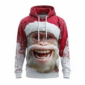 Christmas Men's Santa Claus Monkey Hoodie Sweatshirt Fashion Daily Casual Long Sleeve Crew Neck Hooded Home Party Gift Red Red 2 Drawstring Fall Winter Designe