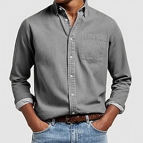 Men's Shirt Casual Shirt Button Up Shirt White Denim Blue Black Pink Red Long Sleeve Plain Lapel Casual Daily Front Pocket Clothing Apparel Cotton Elegant Fash